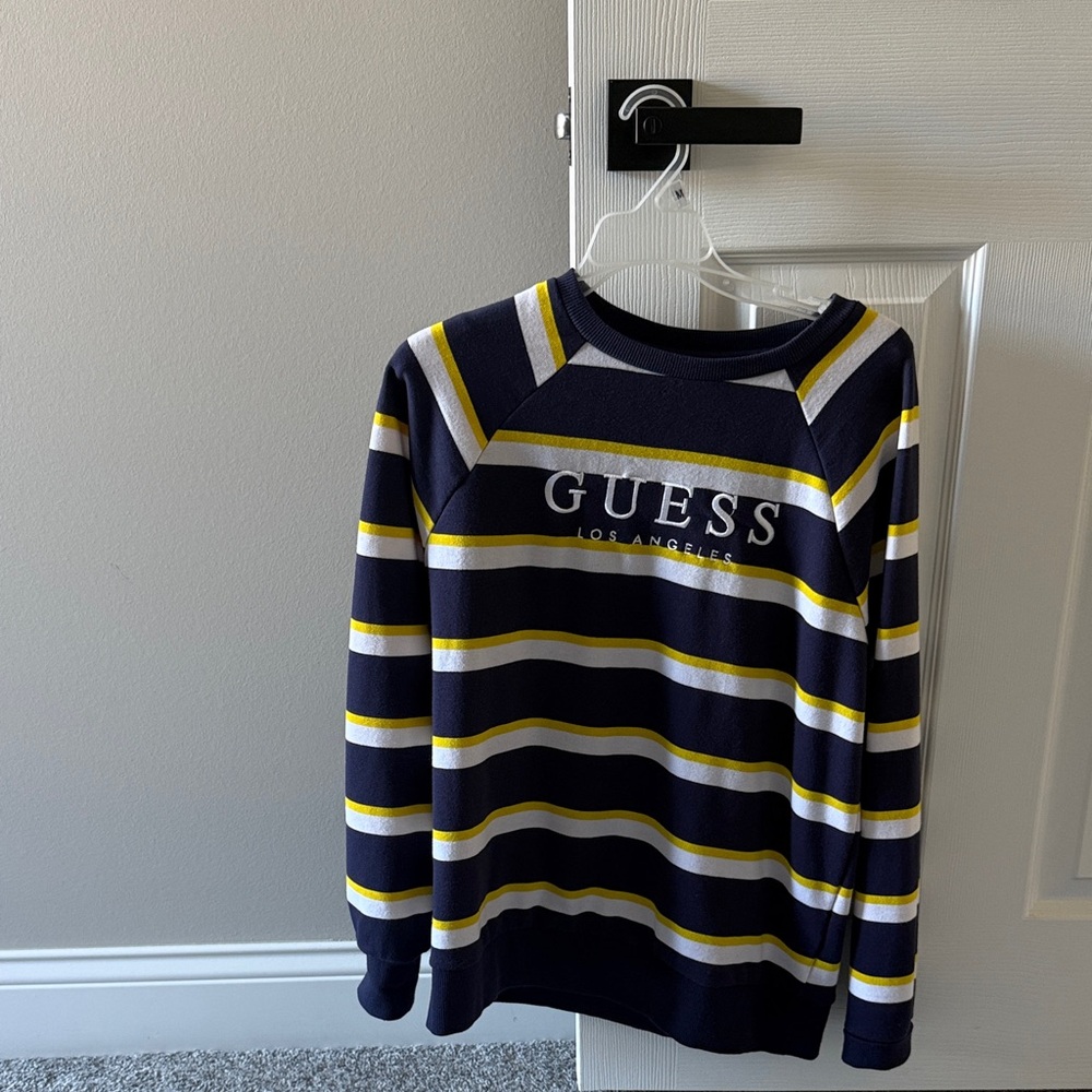Guess Women’s Navy and Yellow Striped Crewneck Sweater